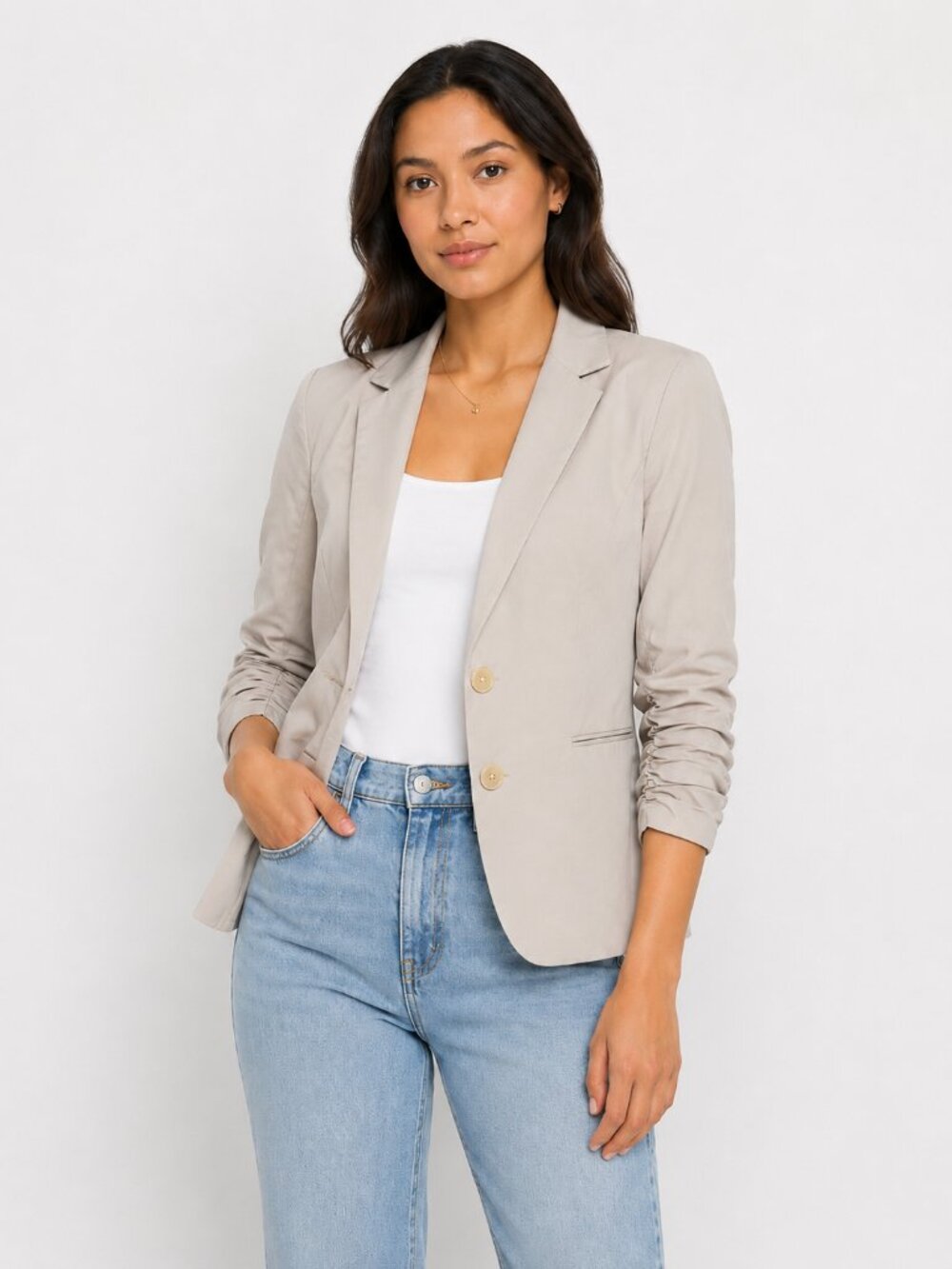 Express Beige Ruched Sleeve Blazer Size 2 – Stretch Cotton Tailored Office Jacke